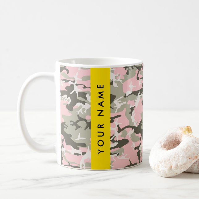 Taza De Café Camuflaje rosa y verde Tu nombre Personaliza (Con donut)