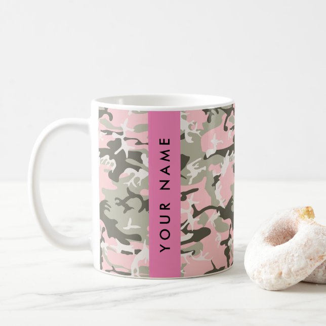 Taza De Café Camuflaje rosa y verde Tu nombre Personaliza (Con donut)