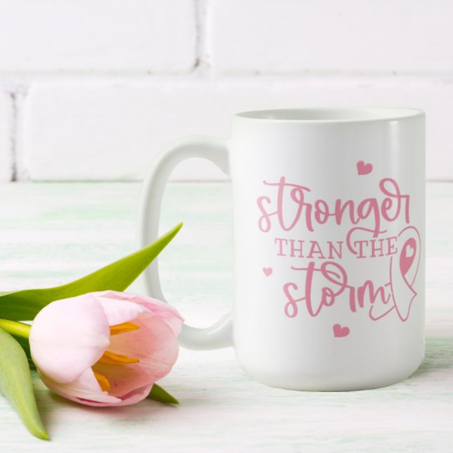 Taza De Café Cáncer de Mama De Cinta Rosa (Stronger than the storm! A pretty mug for breast cancer warriors and survivors.)