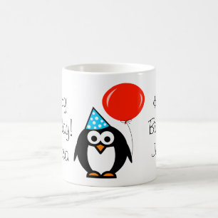 Taza De Café Canción de cumpleaños pingüino con globo rojo y no