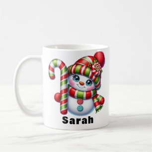 Taza De Café Candy Cane Navidades Snowman Nombre personalizado