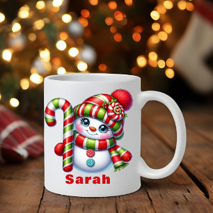 Taza De Café Candy Cane Navidades Snowman Nombre personalizado