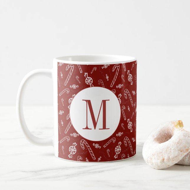 Taza De Café Candy Cane Peppermint Navidades de monograma inici (Con donut)