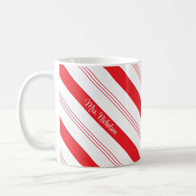 Taza De Café Candy Cane Peppermint Stripes y Nombre (Izquierda)