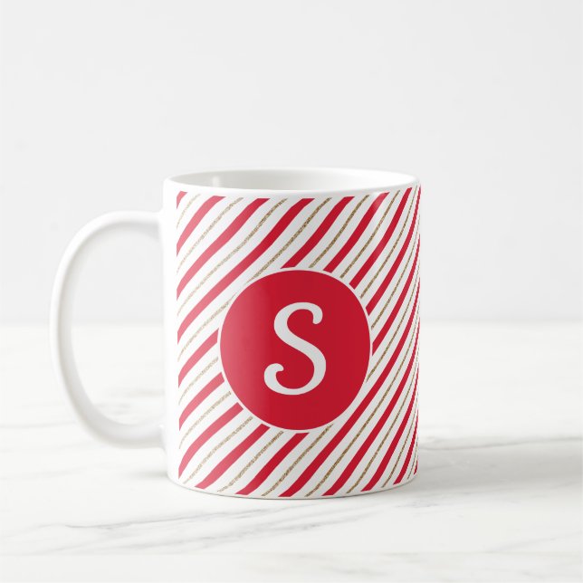 Taza De Café Candy Cane Red Faux Gold Stripes Monograma Mug (Izquierda)