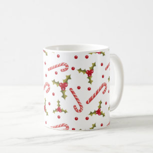 Taza De Café Candy Canes y Holly Seamless Pattern