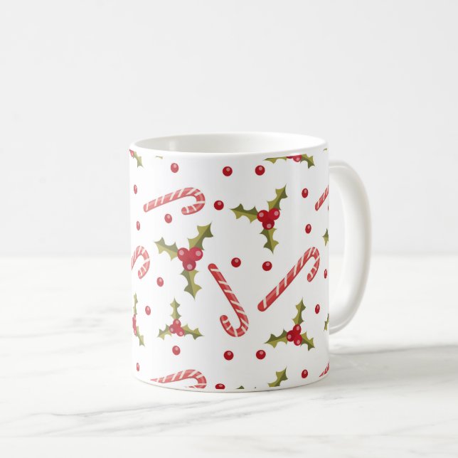 Taza De Café Candy Canes y Holly Seamless Pattern (Anverso derecho)