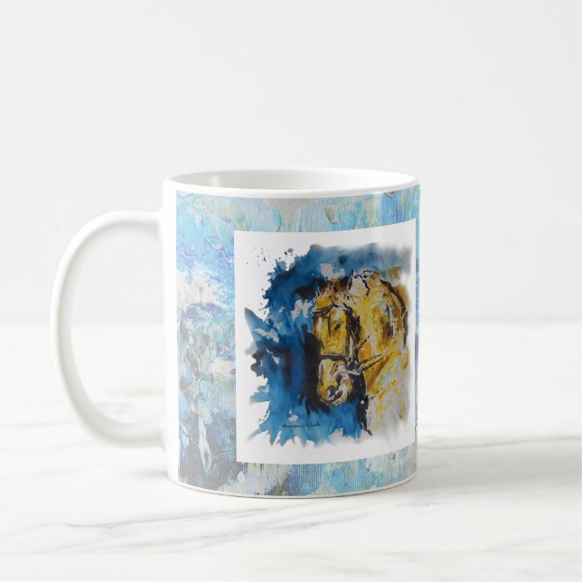 Taza De Café Caneca pintura "Cavalo" com fundo em manchas azuis (Izquierda)