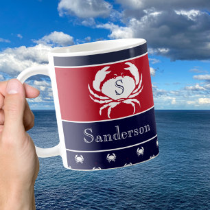 Taza De Café Cangrejo azul de la Marina Blanca Rojo monogramado