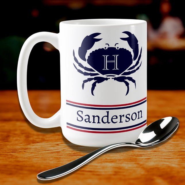 Taza De Café Cangrejo azul de la Marina Blanca Rojo monogramado (Subido por el creador)