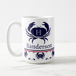Taza De Café Cangrejo azul de la Marina Blanca Rojo monogramado