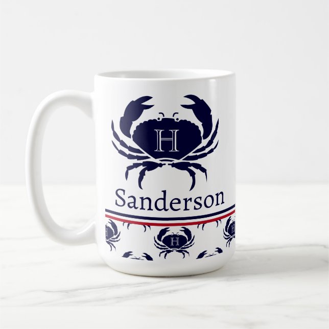 Taza De Café Cangrejo azul de la Marina Blanca Rojo monogramado (Izquierda)