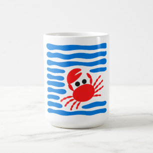 Taza De Café Cangrejo Rojo Adorable y Olas Azules Costeras