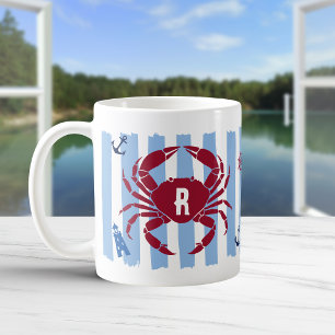 Taza De Café Cangrejo Rojo Rayas Azules Iconos Marítimos Monogr