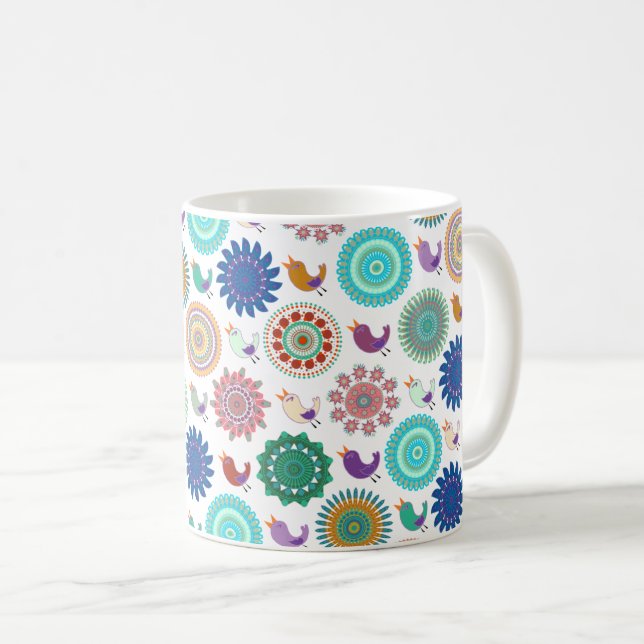 Taza De Café Cantando pájaro y Mandala lindo patrón de arte pop (Anverso derecho)
