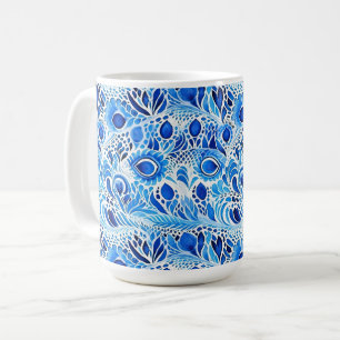 Taza De Café Caperas de pavo real blancas azules