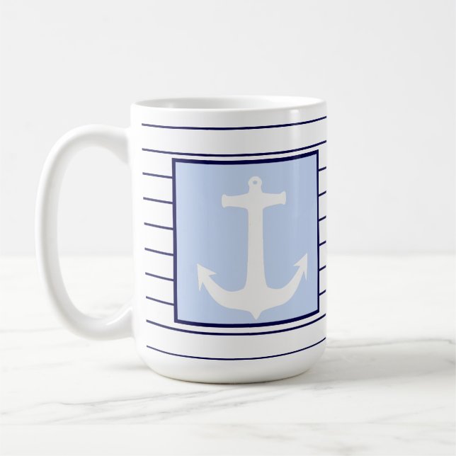 Taza De Café Capitán de Ancla Blanco Bandas Azules Marinas (Izquierda)