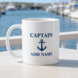 Taza De Café Capitán de anclaje azul marino Añadir nombre de ba