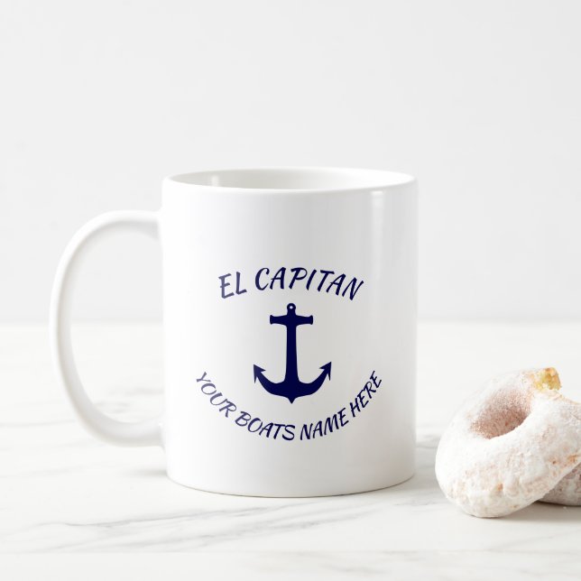 Taza De Café Capitán El Capitan Ancla Azul con nombre de barco (Con donut)