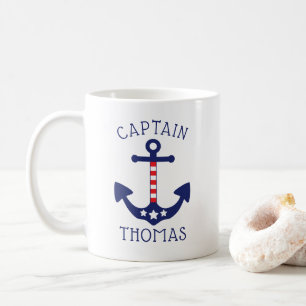 Taza De Café Capitán patriótico Add Name del ancla náutica