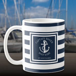 Taza De Café Capitán y nombre del barco franja azul marino ancl