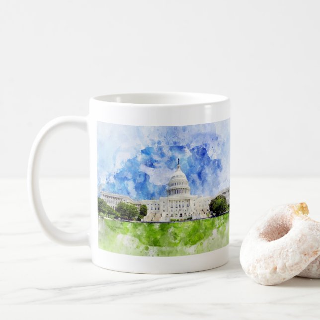 Taza De Café Capitolio de los Estados Unidos en la acuarela Was (Con donut)