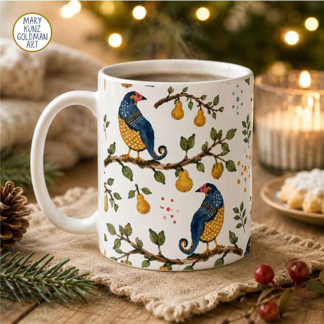 Taza De Café Caprichoso Peral de Perdiz Azul Navidad (Hand-painted blue and gold partridges and pears cover this traditional Christmas mug.)