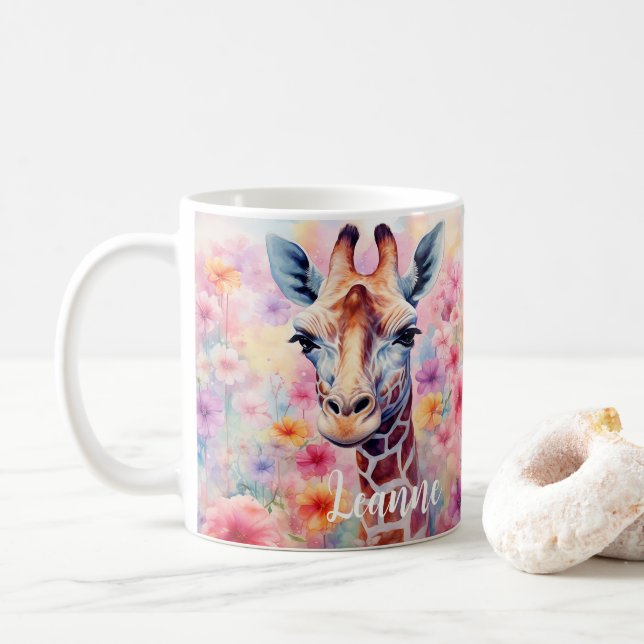 Taza De Café Cara de jirafa con flores rosas (Con donut)