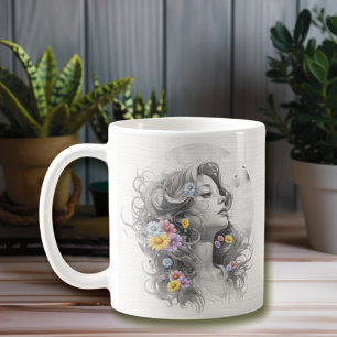 Taza De Café Cara de mujer con efecto texturizado de flores
