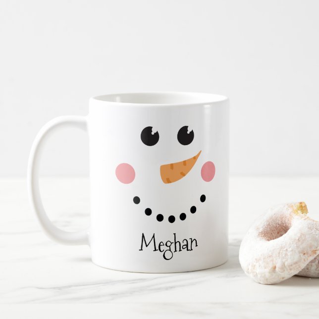 Taza De Café Cara de muñeco de nieve - nombre personalizado (Con donut)