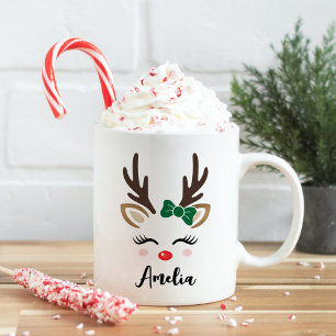 Taza De Café Cara de Reno Femenina Personalizada Navidad