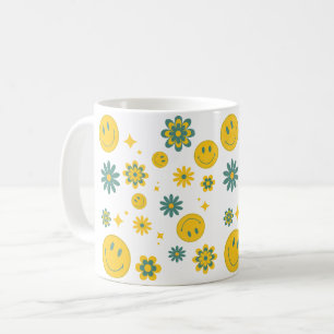 Taza De Café cara sonriente divertida y flores maravillosas