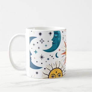 Taza De Café Caras de Sol Luna Celestiales Patrón Vintage