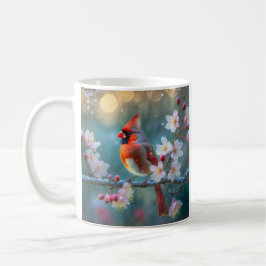 Taza De Café Cardenal masculino en flor de cerezo a la luz de l
