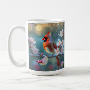 Taza De Café Cardenal masculino en flor de cerezo a la luz de l