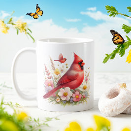 Taza De Café Cardenal norte de acuarela de primavera -