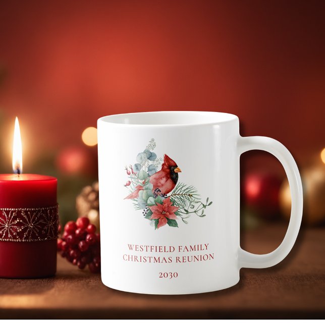 Taza De Café Cardenal rojo de la unión familiar de navidades (Christmas Family Reunion Red Cardinal Keepsake Coffee Mug)