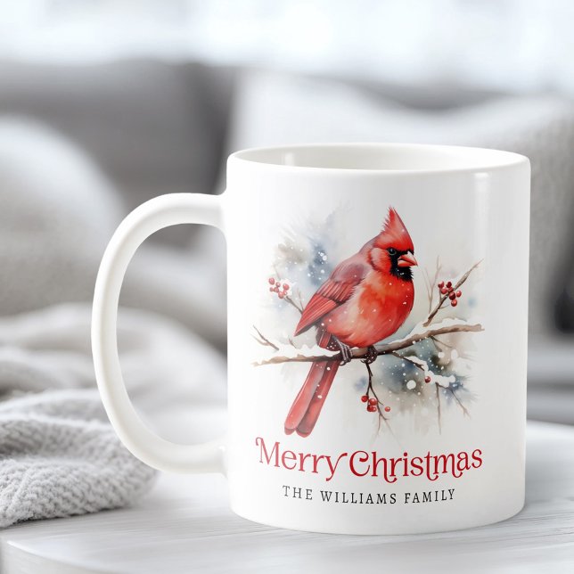 Taza De Café Cardenal rojo en la rama de invierno Feliz Navidad (Red cardinal on winter branch Merry Christmas name Coffee Mug)