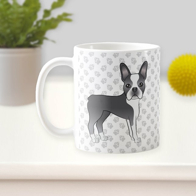 Taza De Café Caricatura azul y blanca de Boston Terrier Perro y (Subido por el creador)