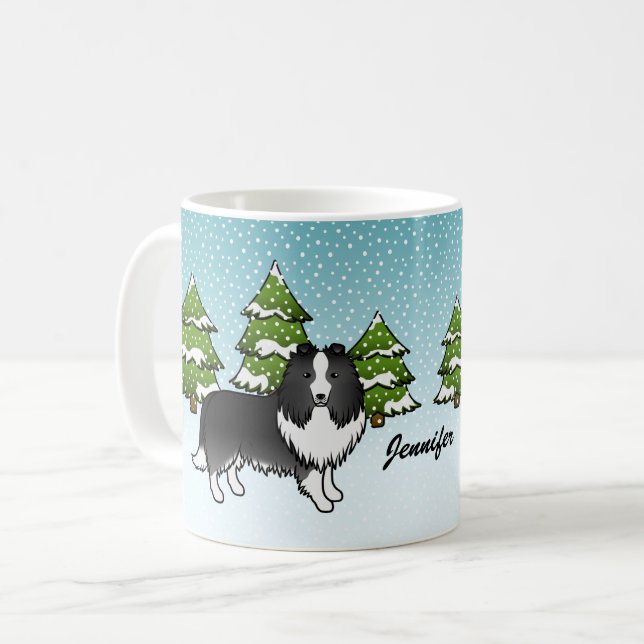 Taza De Café Caricatura de perro de la bi-negras en invierno y  (Anverso izquierdo)