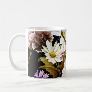 Taza De Café Carnación, flores de camomila, patrón negro.