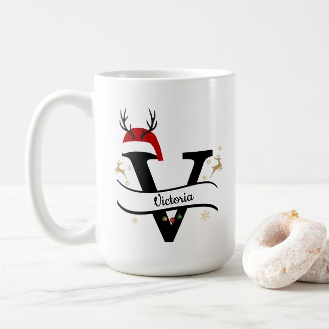 Taza De Café Carta de alfabeto V de Navidad  (Con donut)