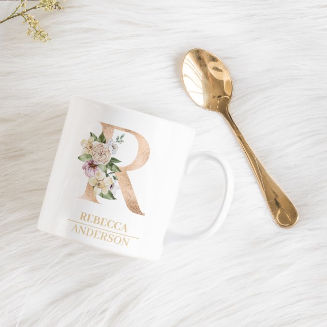 Taza De Café Carta de flor color de agua oro moderno R | Monogr (Subido por el creador)