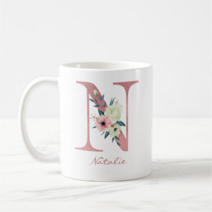 Taza De Café Carta floral inicial N - Ramo de rosado y marfil