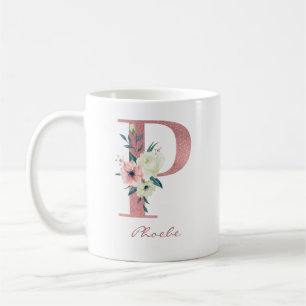 Taza De Café Carta floral inicial P - Ramo de rosado y marfil