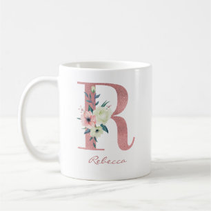 Taza De Café Carta floral inicial R - Ramo de rosas y marfil