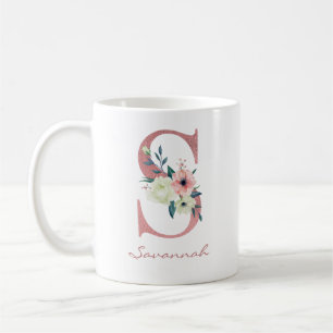 Taza De Café Carta floral inicial S - Ramo de rosado y marfil