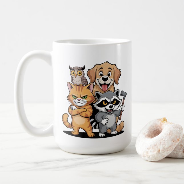 Taza De Café Cartoon Animal Friends Team Illustration (Con donut)