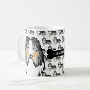 Taza De Café Cartoon Sheltie Merle Azul Con Hueso De Perro Y No