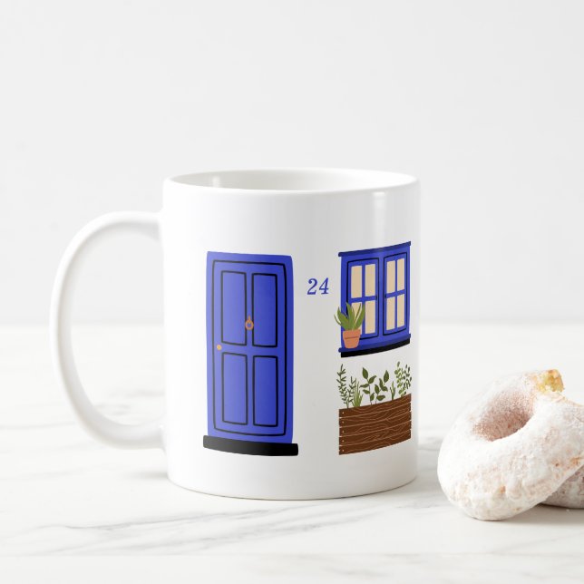 Taza De Café Casa con puerta azul con cita Personalizado (Con donut)